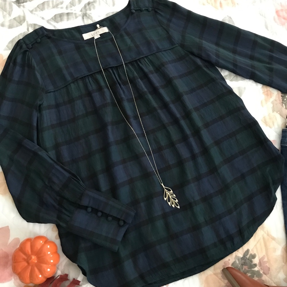 LOFT Blue Green Plaid Button Shoulder Top S - Picture 2 of 6